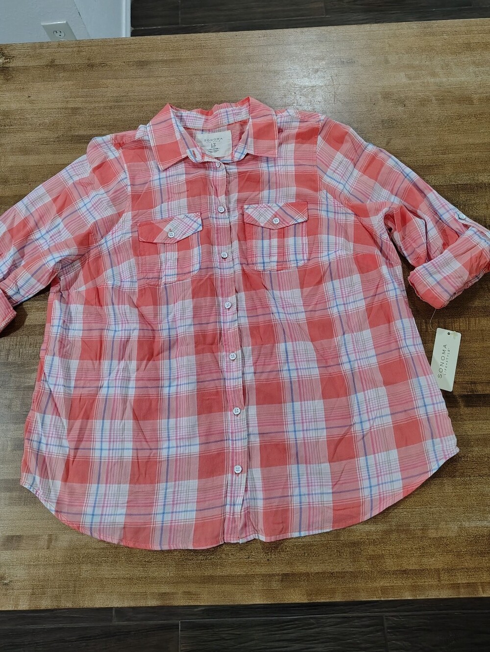 Sonoma Coral & White Fold Tab Sleeve Plaid Button-Down Shirt NWT